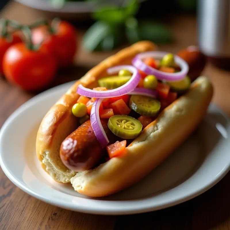 Hot Dogs al Estilo Chicago con Mostaza, Cebolla Morada y Pepinillos Encurtidos: Clásico Americano