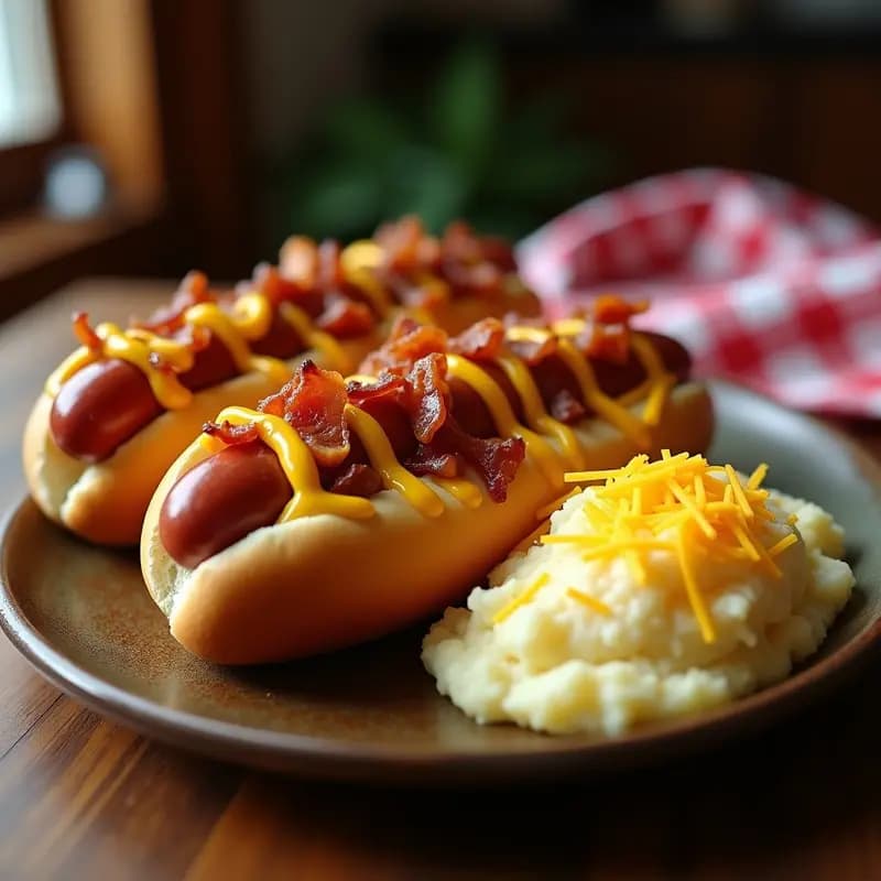 Hot Dogs Gigantes con Puré de Patatas y Queso Fundido: Comida Reconfortante al Estilo Americano