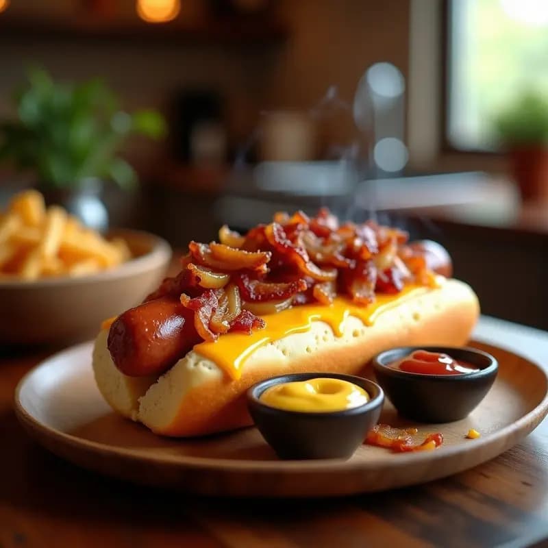 Hot Dogs con Pan de Brioche, Queso Cheddar, Tocino y Cebolla Caramelizada: la Versión Definitiva