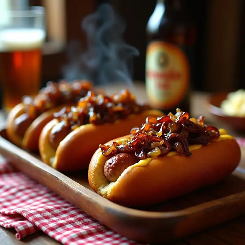 Hot Dogs con Pan de Pretzel, Chucrut, Cebolla Caramelizada y Mostaza Dulce: Combinación Alemana-Americana