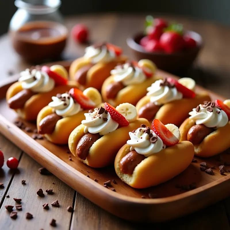 Hot Dogs de Postre con Salchicha de Bizcocho, Crema Batida y Toppings de Frutas
