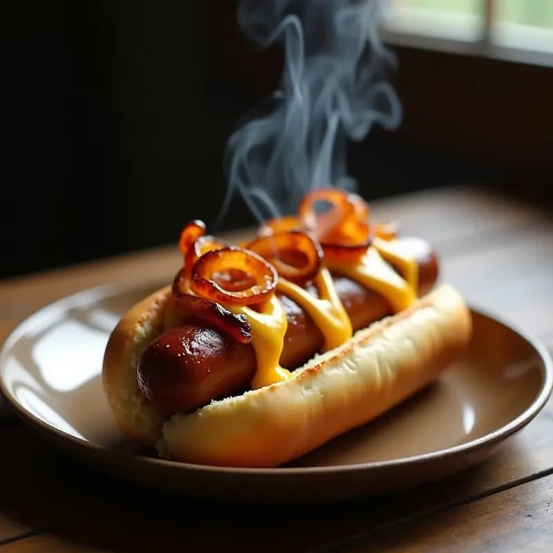 Hot Dogs con Queso Cheddar, Cebolla Caramelizada y Mostaza Dijon: Receta Americana Clásica