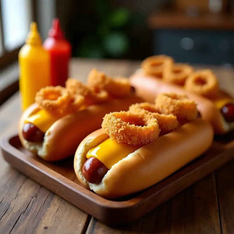 Hot Dogs con Queso Cheddar Tostado y Cebolla Frita: Clásico con un Toque Extra