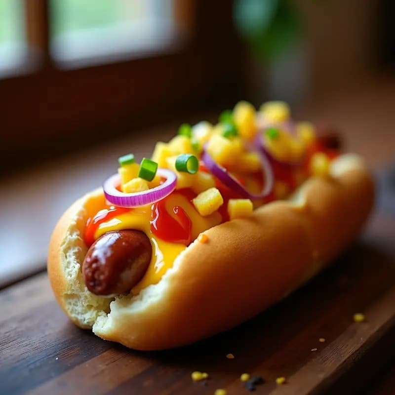 Hot Dogs de Salchicha de Frankfurt, Pan de Brioche, Queso Cheddar y Salsa de Piña Picante: Combinación Imposible