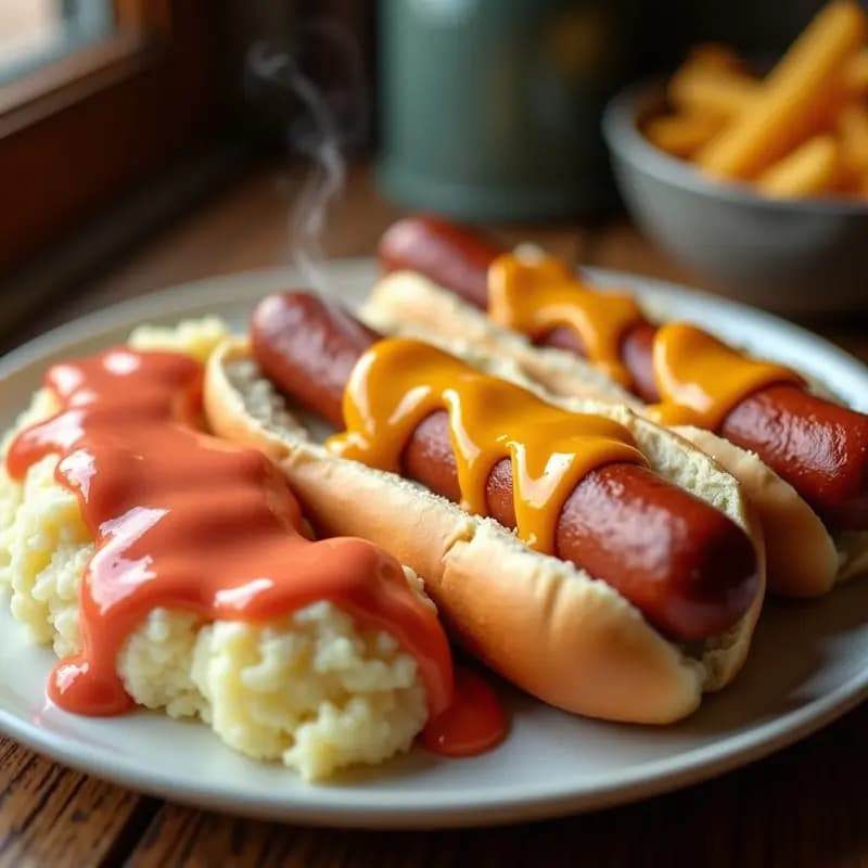 Hot Dogs de Salchicha tipo Frankfurt con Puré de Papas, Queso Fundido y Salsa Rosada: Comida Reconfortante