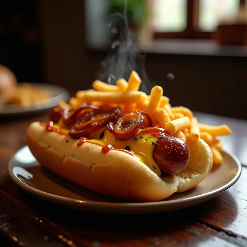 Hot Dogs de Salchicha Ahumada con Queso Fundido y Papas Fritas Encima: Comida Rápida Extrema