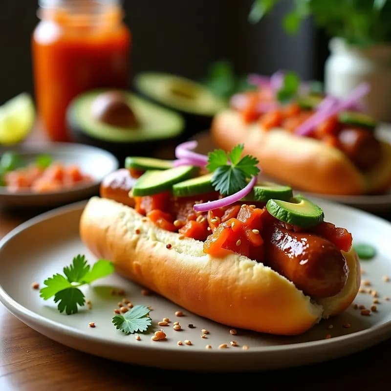 Hot Dogs de Salchicha Vegana con Toppings de Kimchi y Aguacate: Receta Coreana-Fusión