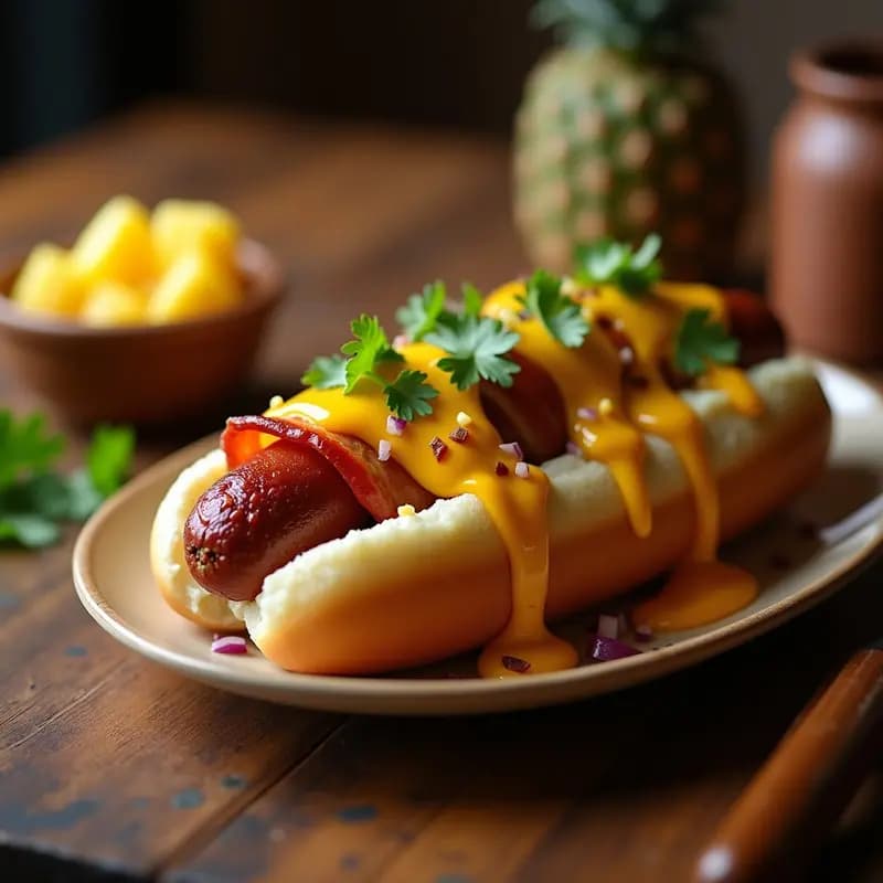Hot Dogs Wrapped en Tocino con Queso Cheddar y Salsa de Piña Picante: El Twist que tu Perrito Caliente Necesitaba