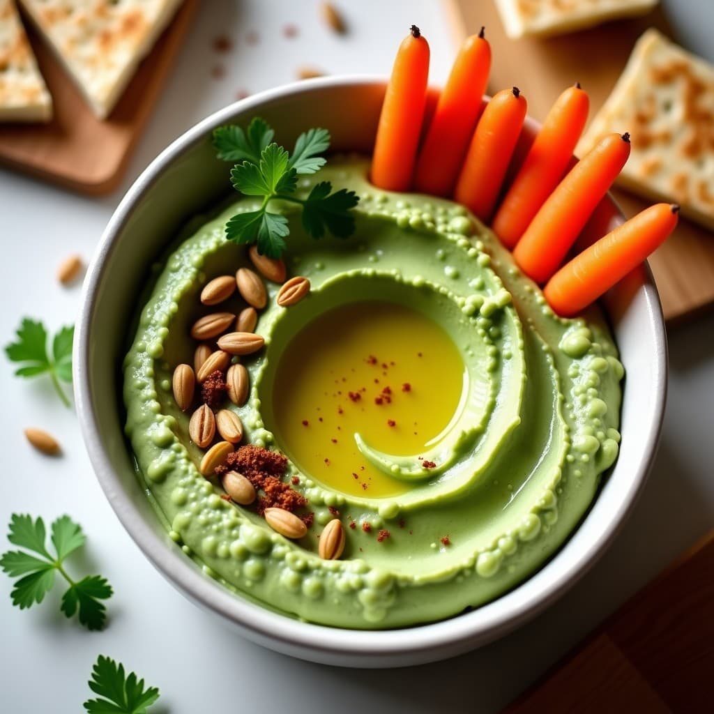 Hoummus de Guisantos con Aceite de Oliva Picante y Semillas de Calabaza: Dip de Alta Proteína en 10 Minutos