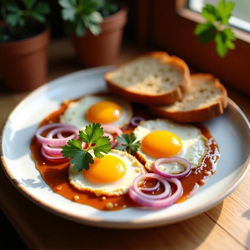Huevos al Plum con Salsa de Tamarindo y Cebolla Morada: Desayuno Fusion Peruano-Chino