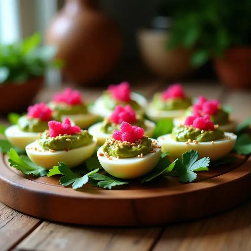 Huevos de Codorniz Rellenos de Guacamole y Decorados con Caviar de Remolacha