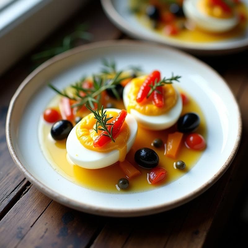 Huevos Escabechados con Pimientos Asados y Aceitunas Taggiasche: Receta en Thermomix con Toque Italiano
