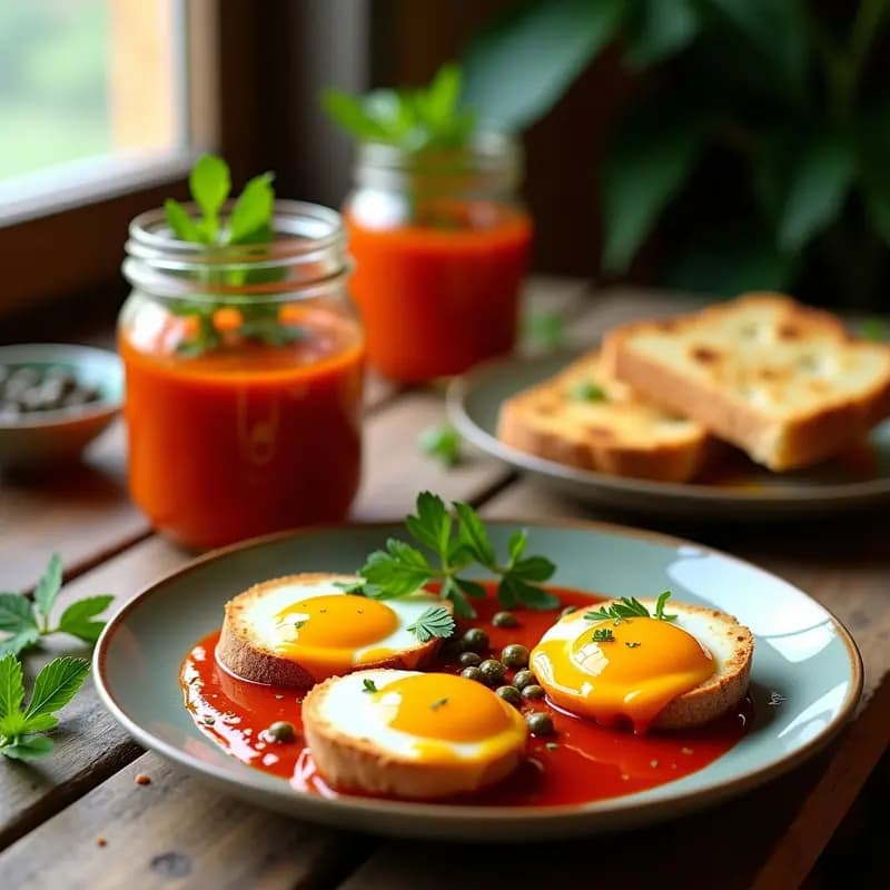 Huevos Escabechados en Salsa de Tomate y Pimentón con Pan de Maíz: Desayuno Español en Conserva