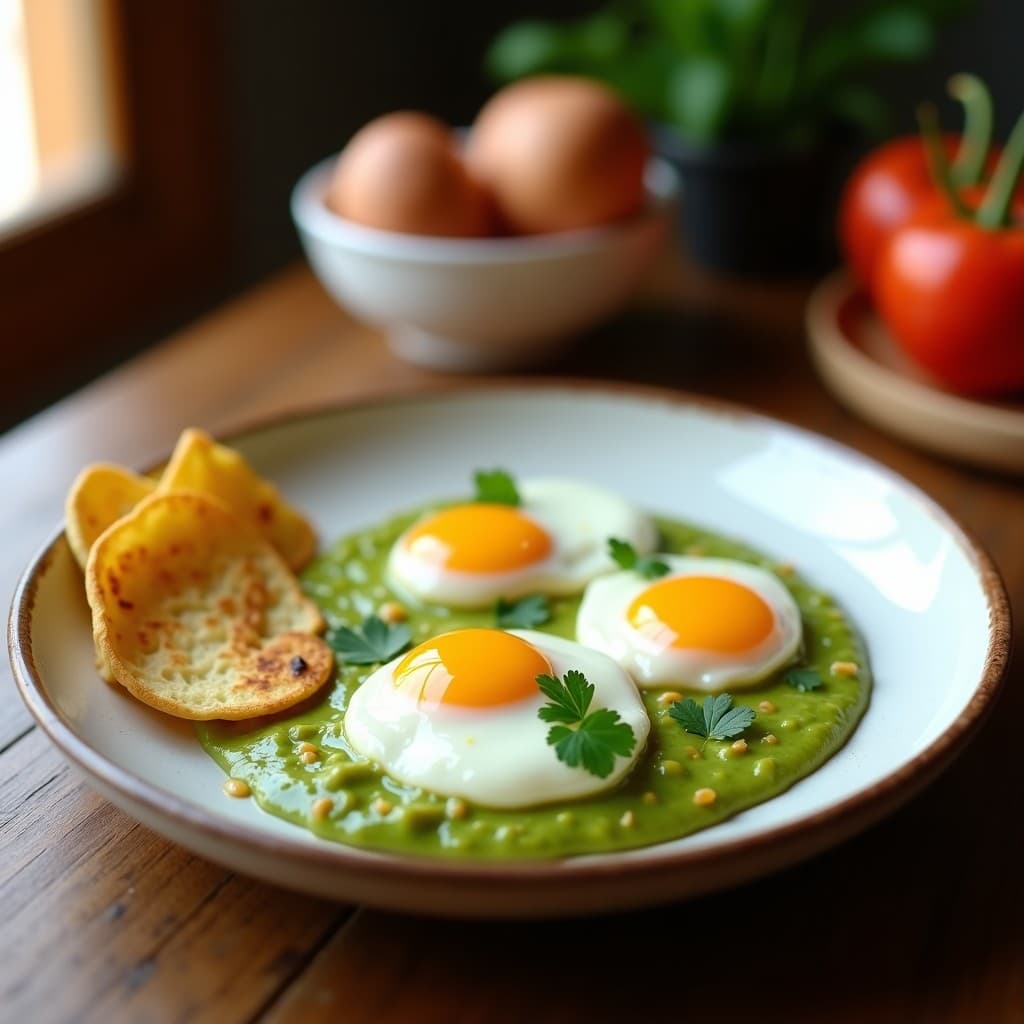 Huevos Escalfados en Salsa de Aguacate y Chile Poblano: Desayuno Mexicano Alto en Proteína