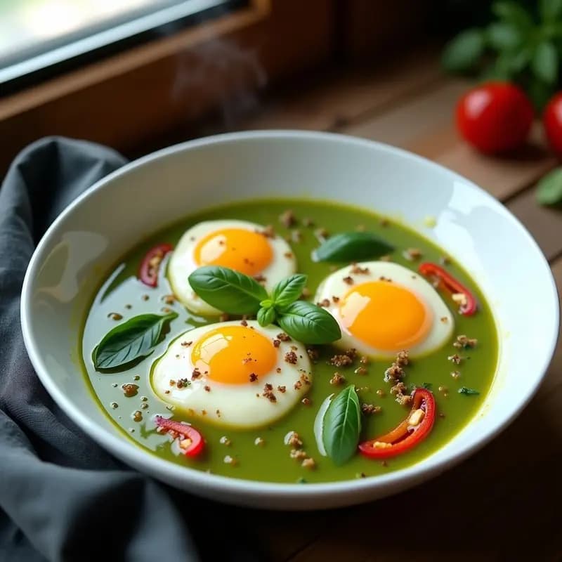 Huevos Escalfados en Salsa de Curry Verde: Desayuno Tailandés Picante y Keto
