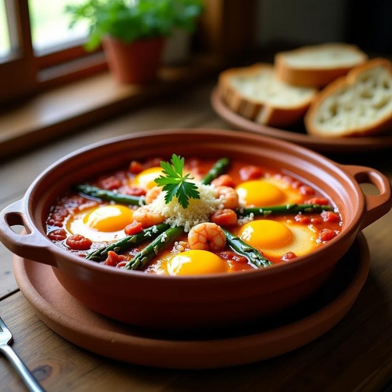 Huevos a la Flamenca con Espárragos y Gambas: Receta Andaluza en Cazuela de Barro