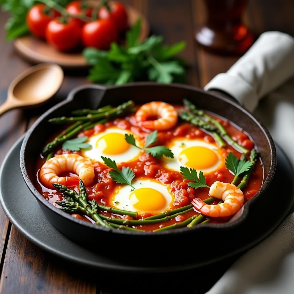Huevos a la Flamenca con Espárragos Trigueros y Gamberas: Receta Española en Sartén de Hierro