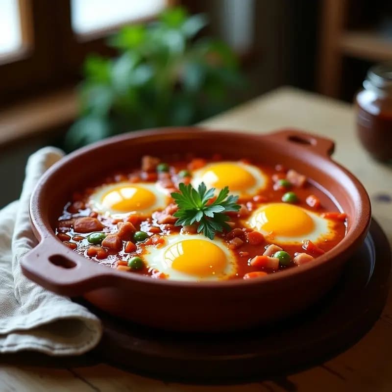 H UEVOS a la Flamenca con Guisantes y Jamón: Receta en Cazuela de Barro