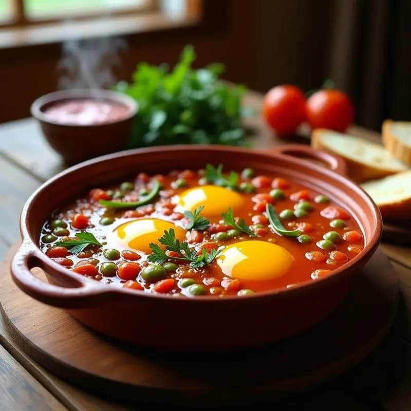 Huevos a la Flamenca con Sofrito de Tomate y Guisantes: Receta andaluza en cazuela