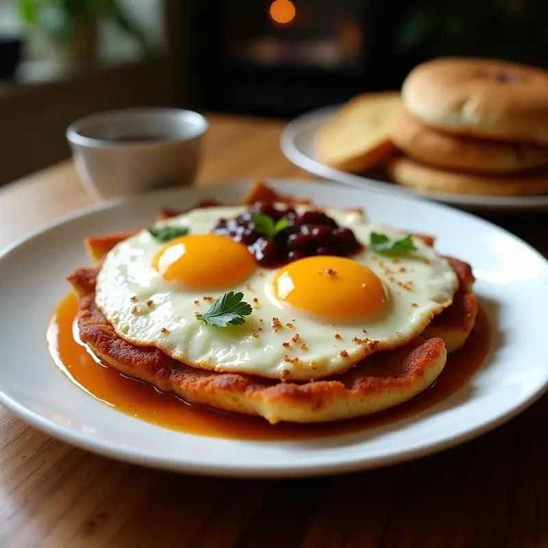 Huevos Fritos sobre Panqueques de Queso con Salsa de Tocino y Jarabe de Chocolate