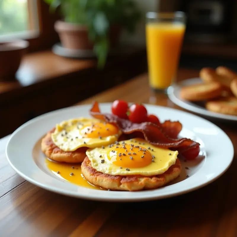 Huevos Fritos sobre Panqueques con Sirope de Arce y Bacon Crujiente: Desayuno de Leyenda