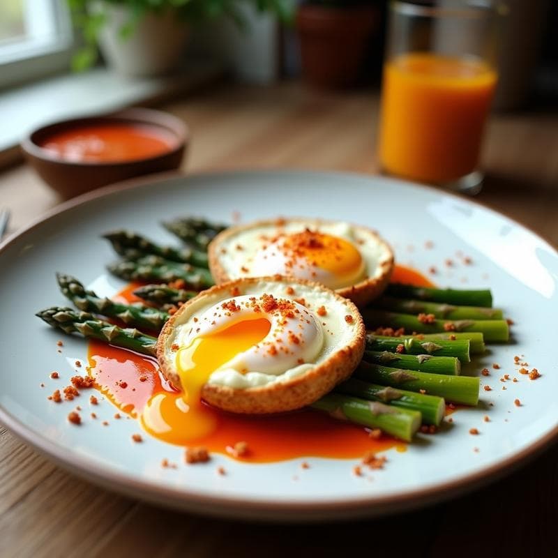 Huevos al Nido de Espárragos Trilados con Romesco de Almendras: Receta Española Keto en Airfryer
