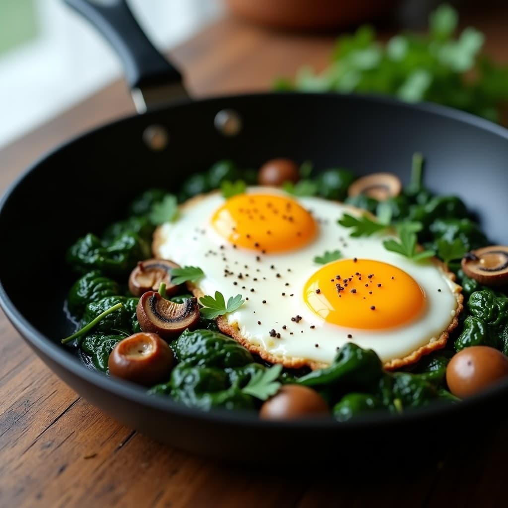 Huevos al Nido con Espinacas y Champiñones: Receta Keto en Sartén Antiadherente