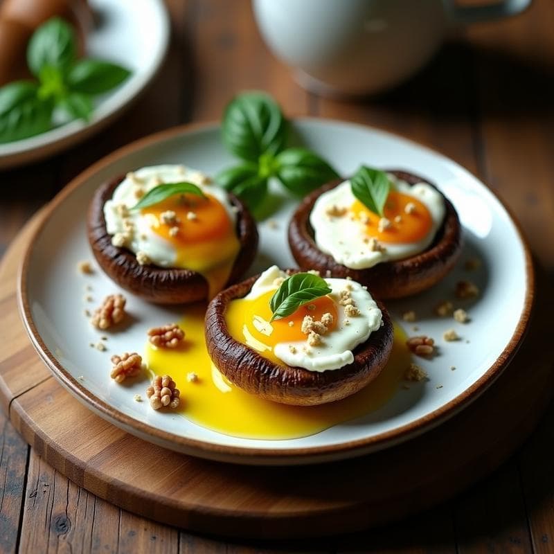Huevos al Nido con Champiñones Portobello: Receta Keto en Airfryer con Queso de Cabra