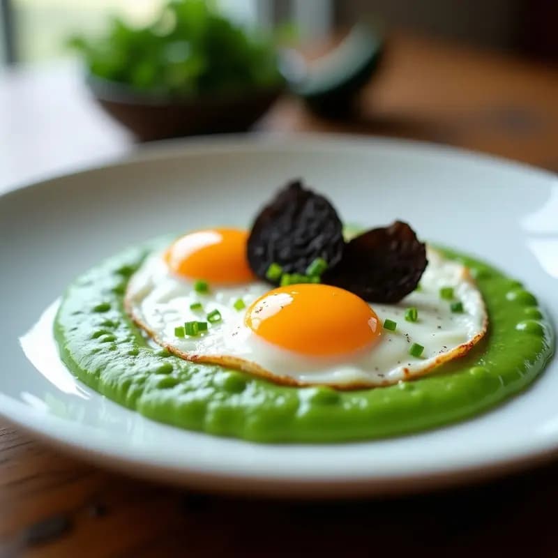 Huevos al Nido con Puré de Guisantes y Trufa Negra: Receta Francesa Keto en 10 Minutos