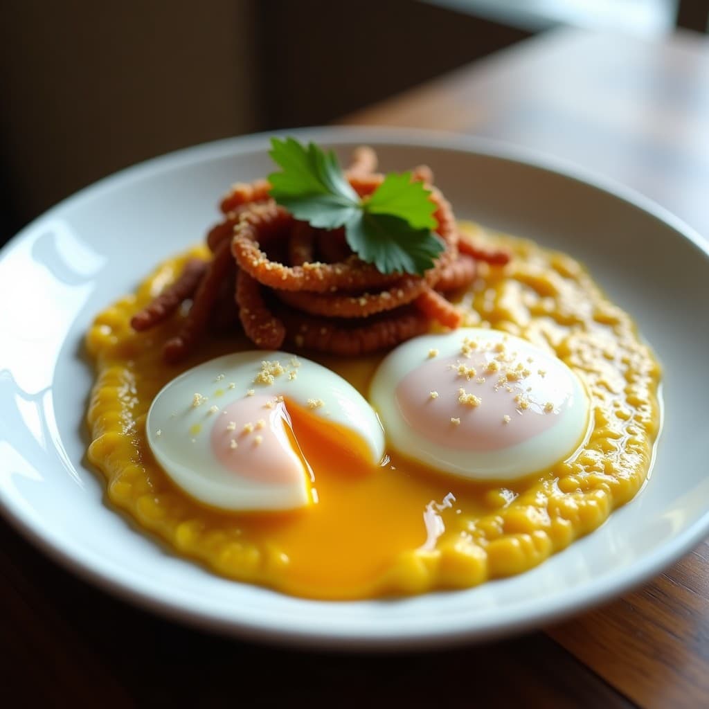 Huevos Poché sobre Puré de Coliflor y Curry: Desayuno Keto con Crujiente de Cebolla Frita
