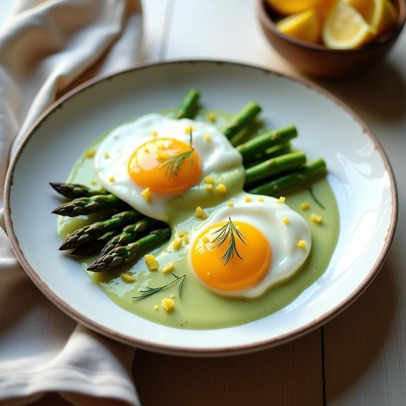Huevos pochados con Espárragos y Salsa Holandesa de Aguacate: Desayuno Keto y Elegante