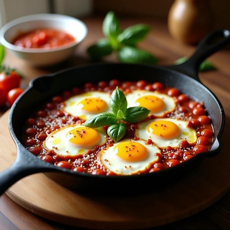 Huevos en Purgatorio con Tomates Secos y Albahaca: Receta Italiana Keto en Sartén