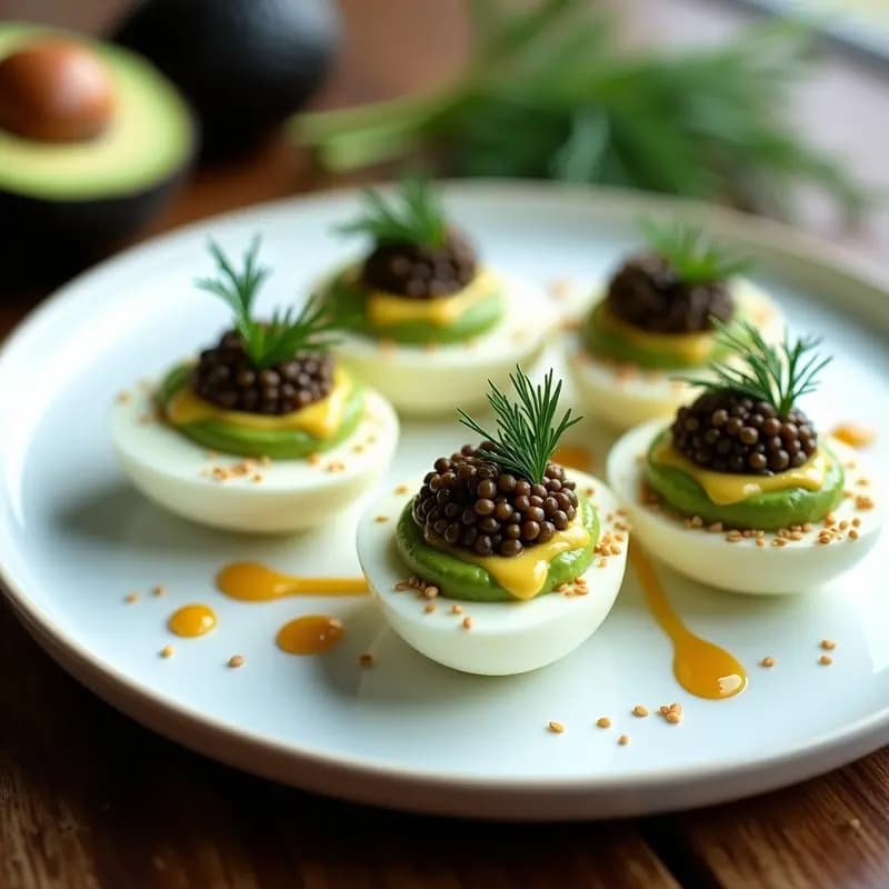 Huevos Rellenos de Aguacate y Caviar de Lentejas con Salsa de Yogur y Eneldo: Entrante Gourmet Sin Gluten