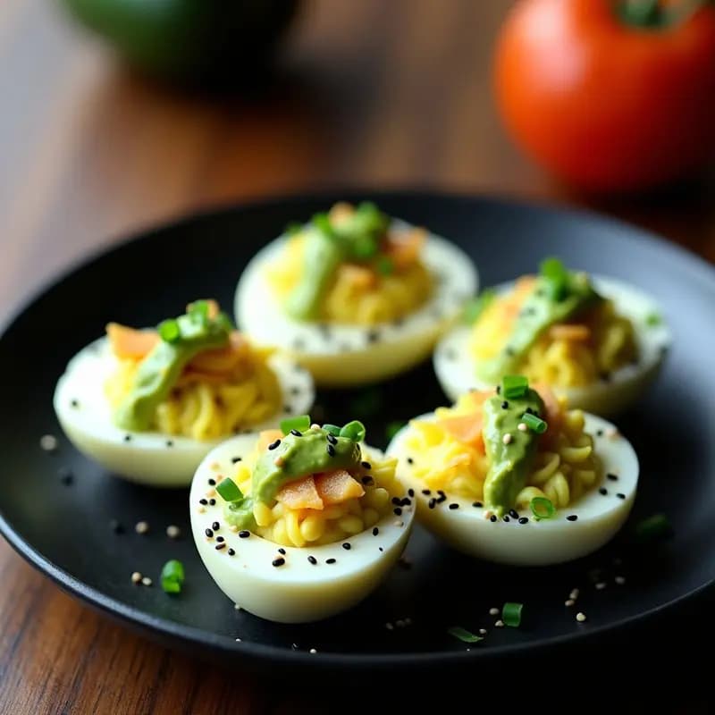 Huevos Rellenos de Aguacate y Surimi con Vinagreta de Wasabi