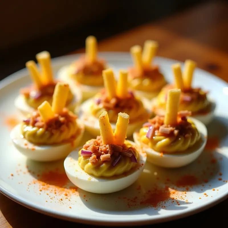 Huevos Rellenos de Mayonesa, Atún y Patatas Fritas: Aperitivo Contundente