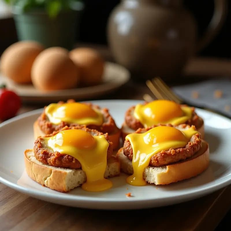 Huevos Rellenos de Salchichas Frankfurt y Queso Fundido con Pan Crujiente: Desayuno Contundente