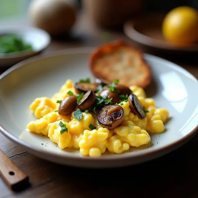Huevos Revuelos con Hongos Chanterelle y Trufa Negra: Receta Francesa Alta en Proteína