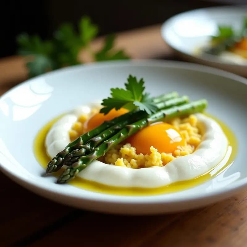 Huevos Revueltos con Polvo de Hongos Chaga y Espárragos Trigueros en Nube de Espuma
