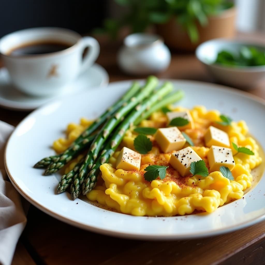 Huevos Revueltos con Espárragos y Queso de Castaña: Desayuno Vegano Alto en Proteína