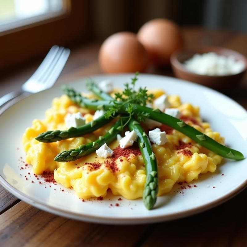 Huevos Revueltos con Espárragos Trigueros y Queso Feta: Receta Griega Keto en 10 Minutos