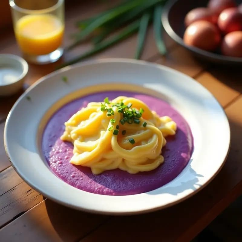 Huevos Revueltos con Espuma de Maíz Morado: Desayuno Peruano Colorido en 10 Minutos