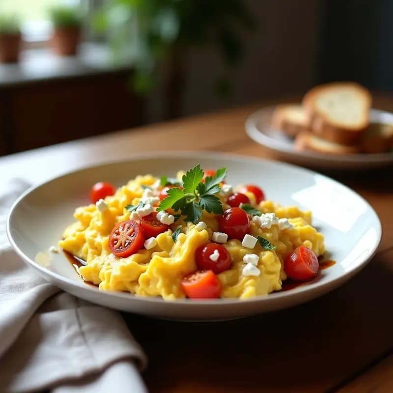 Desayuno de huevos revueltos con queso de cabra y tomates cherry: Receta Francesa en 10 Minutos