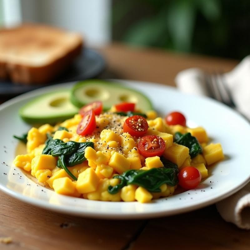Huevos Revueltos de Tofu con Espinacas y Tomates Secos: Desayuno Vegano y Alto en Proteínas