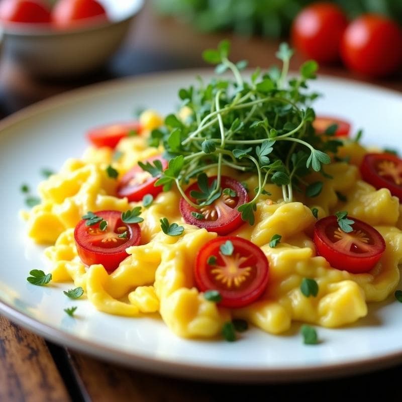 Huevos Revueltos con Tomate Cherry y Microgreens: Desayuno Keto en 5 Minutos