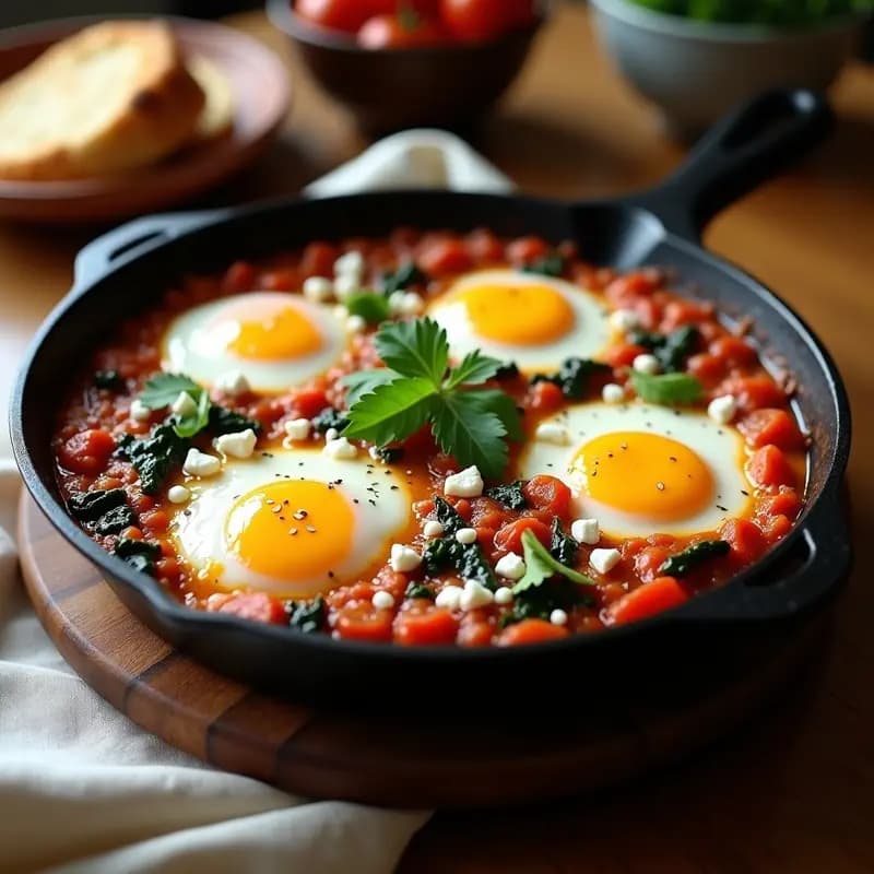 Huevos Shaksuka con Espinacas y Queso Feta: Desayuno Norteafricano en Sartén