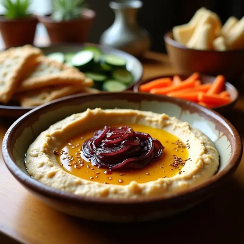 Hummus con Cebolla Caramelizada Ahumada: Receta Árabe Gourmet en 20 Minutos