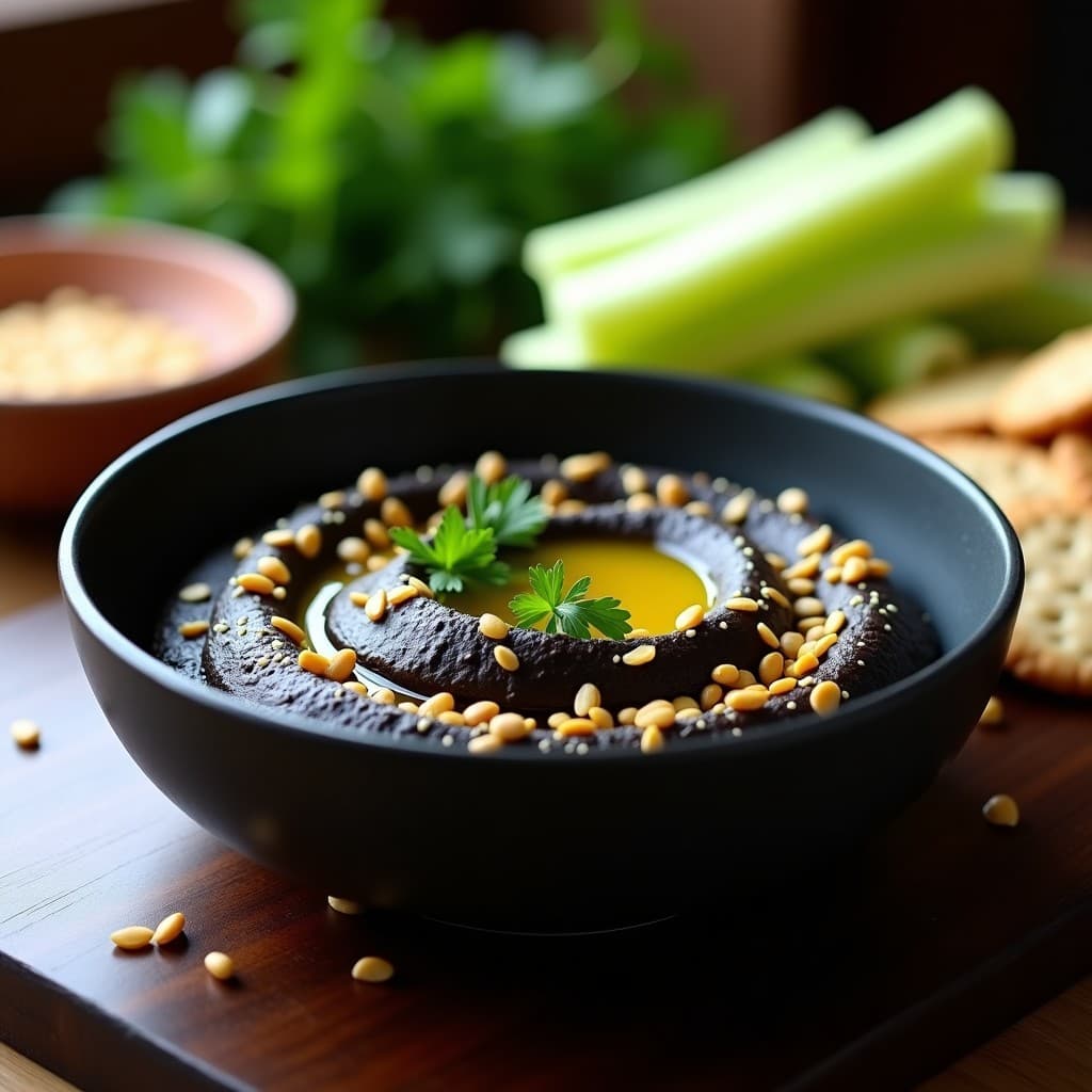 Hummus de Garbanzos Negros con Aceite de Sésamo Tostado y Semillas de Calabaza: Aperitivo Sirio Keto