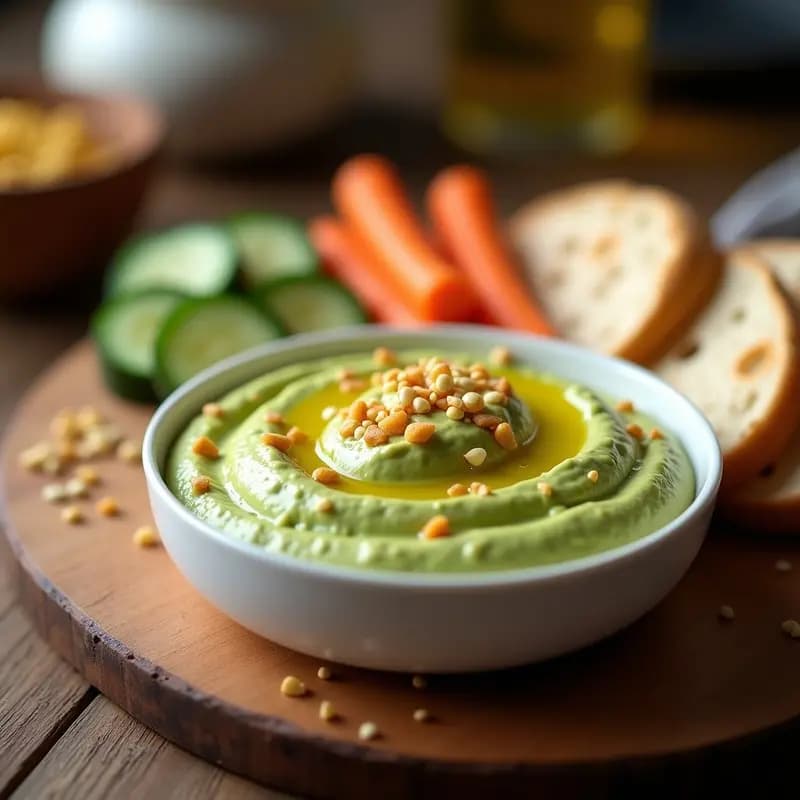 Hummus de Guisantes con Aceite de Oliva Virgen Extra y Crujiente de Ajo: Dip Vegano en 10 Minutos
