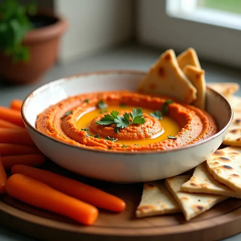 Hummus de Lentejas Rojas y Pimentón Ahumado: Dip Libanés Vegano y Alta en Proteína con Pan de Pita