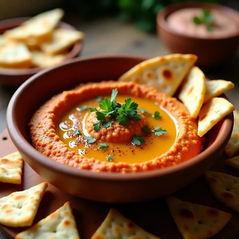 Hummus de Lentejas Rojas con Crujiente de Pan de Pita: Receta Egipcia Sin Garbanzos